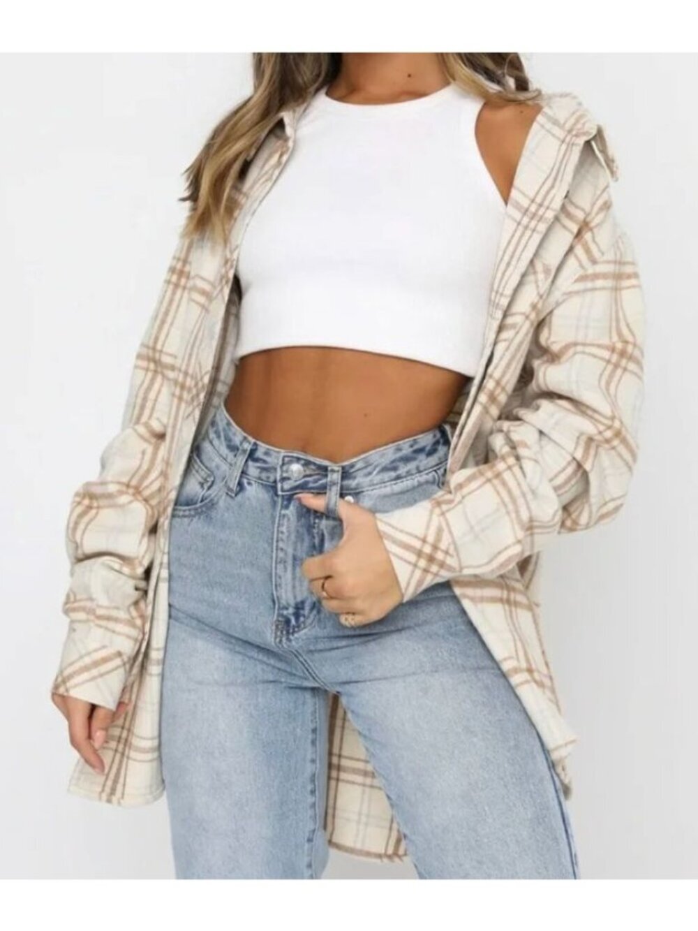NWT White Fox I Think of You Plaid Flannel Shirt Size S/M Tan